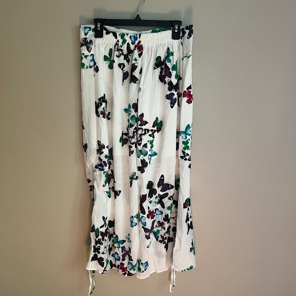 Harem Pants White Cotton Butterfly Allover Print Wide Leg Ruched Boho Pull On - Picture 6 of 8